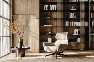 Fototapeta premium Modern living room with a stylish armchair, large bookshelf with a mix of books and decor, and sunlight streaming through large windows.