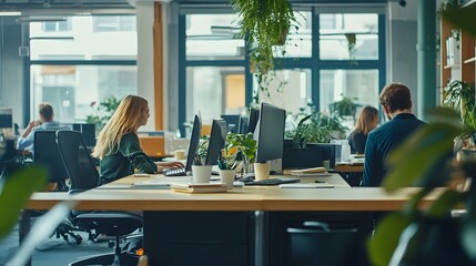 Modern Office Workspace with Two People Working on Computers
