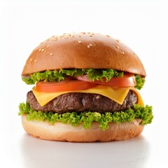 Isolated thick and juicy hamburger with lettuce and cheese on a bun