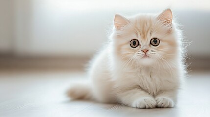   A white kitten gazes at the camera with a mournful expression on its face and drooping eyes while seated on the floor