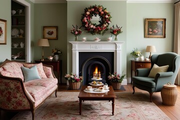 Fototapeta premium A Cozy Floral Tea Experience by the Fireplace in a Vintage-Inspired Living Space