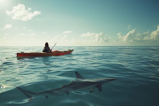 A kayaker paddles alone in the open ocean with a shark swimming beneath, evoking a sense of adventure, solitude, and quiet tension under the clear sky.