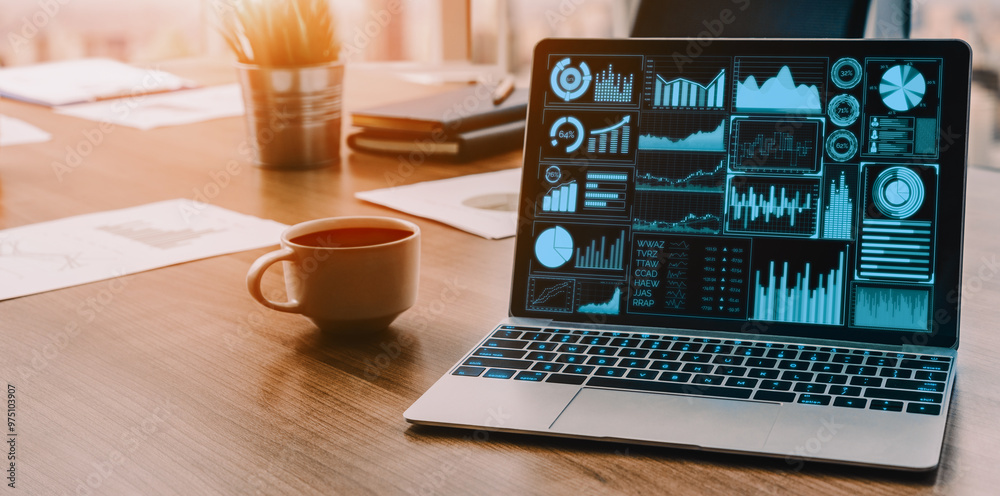 Poster data analysis for business and finance concept. interface showing future computer technology of prof