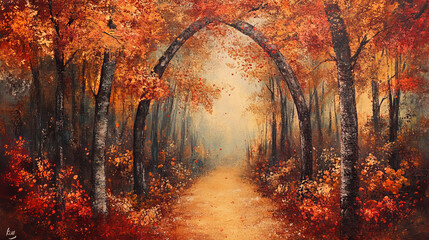 Obraz premium “Enchanting autumn path through a peaceful forest, surrounded by fiery fall colors.”
