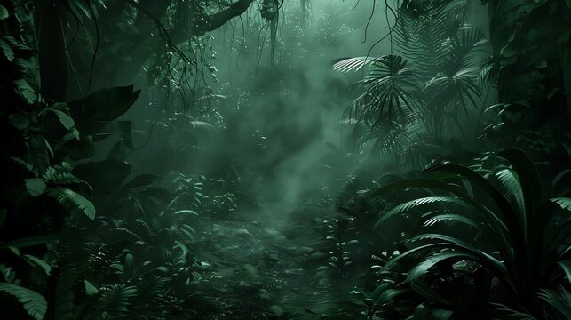 Mysterious foggy forest with alien plant life