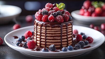   A chocolate cake topped with raspberries, blueberries, and raspberries on a white plate