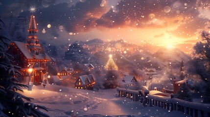 Snowy winter village at sunset with glowing Christmas lights