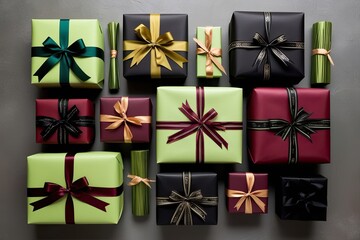 A Collection of Chartreuse, Burgundy, and Black Gifts Elegantly Wrapped with Vintage Ribbons for Graduations and Anniversaries