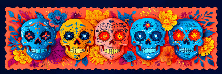 Day of the Dead cut paper sugar skull calacas wide banner background, graphic design
