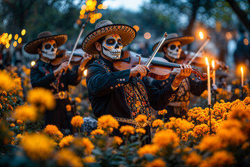 Mariachi violinist musicians with skull face paint performing in Day of the Dead cemetery with marigolds and candles, Mexican, night