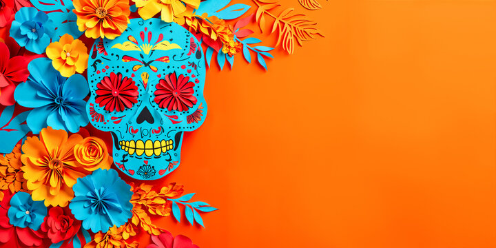 Day of the Dead cut paper sugar skull calaca on orange background with copyspace, wide banner, empty space