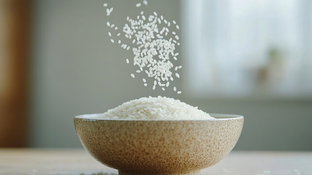 “White rice grains cascading into a bowl.”