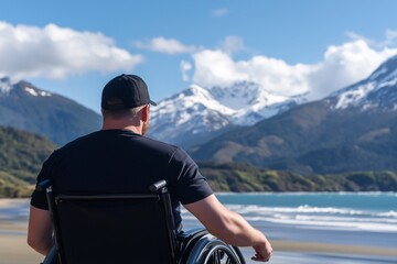Fototapeta premium Man sitting in wheelchair, looking at the beautiful scenery of mountains with snow-capped peaks, the concept of a full life for people with low mobility and disabilities, support and traveling