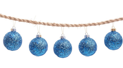 Christmas balls blue silver hanging on a rope on transparent background