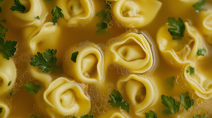a close-up, top-down view of tortellini in brodo, filling the entire frame with the focus on the pasta's intricate details