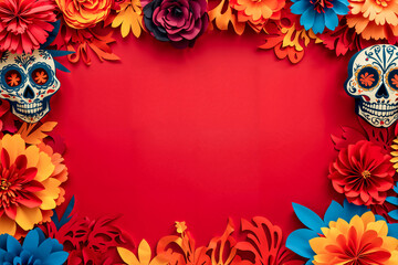Fototapeta premium Day of the Dead cut paper sugar skull calacas and flowers frame border on red background with copyspace, empty space