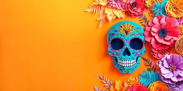 Day of the Dead cut paper sugar skull calaca on orange background with copyspace, wide banner, empty space