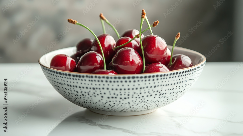 Wall mural “Ripe, sweet cherries in a light ceramic bowl, set against a white marble background. A close-up of a healthy summer dessert.”