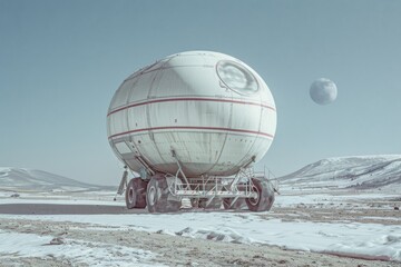 Fototapeta premium Futuristic spherical vehicle stationed in an arid, desolate landscape with a large moon in the sky, evoking sci-fi and exploration themes.