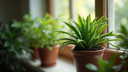 Fototapeta premium Close up of glowing jade plant on sunny windowsill amidst indoor garden vibe