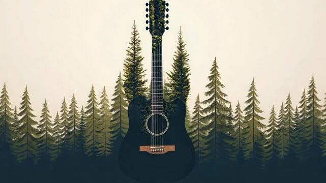 guitar illustration featuring lush trees.