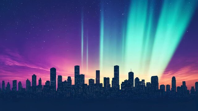 skyline illuminated by vibrant auroras against a twilight backdrop