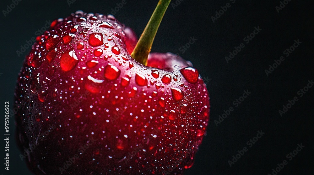 Wall mural red apple in focus with water droplets & green stem