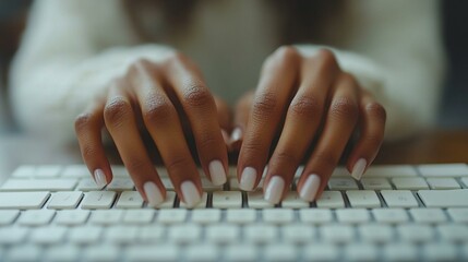a Close-up of female hands typing on a keyboard.