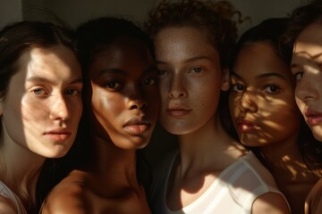 Obraz premium Five women of different ethnic backgrounds stand closely together, their expressions serene, highlighted by gentle sunlight filtering through.