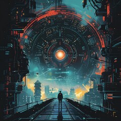 Futuristic Cityscape with Giant Spaceship and Lone Figure on Bridge