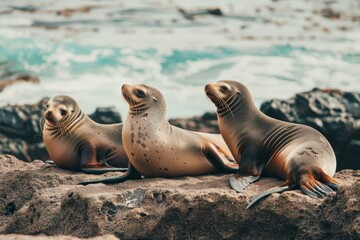 Fototapeta premium Three sea lions rest on coastal rocks, calmly basking under the sun with waves crashing gently behind.
