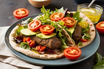 Gourmet Gyros in Artisan Flatbread with Fresh Mixed Greens and Sun-Ripened Tomatoes