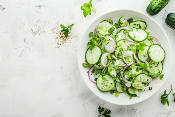 Obraz premium A fresh cucumber and red onion salad, topped with herbs and black pepper, served in a white bowl on a light surface, exuding simplicity and nature.