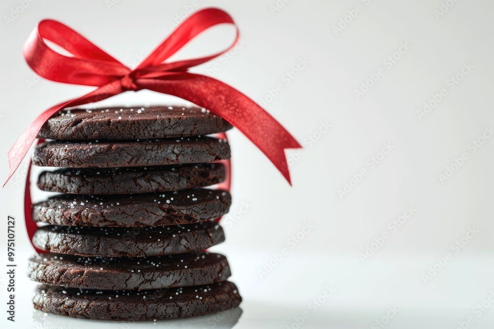 Wall mural cookies stack of christmas chocolate cookies tied red ribbon isolated on white background