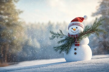 Naklejka premium Winter wonderland snowman in a hat and scarf amidst snowy landscape with bokeh lights