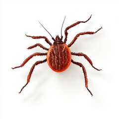 extremely detailed view reveals a tick moving across a smooth surface, highlighting its round body and long legs against the contrast of white, capturing the essence of this unique parasite.