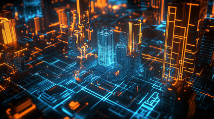 A futuristic holographic city map, glowing neon blue and orange lines outlining buildings and streets, projected in a dark room. The cityscape visible in the background through a high-tech interface.