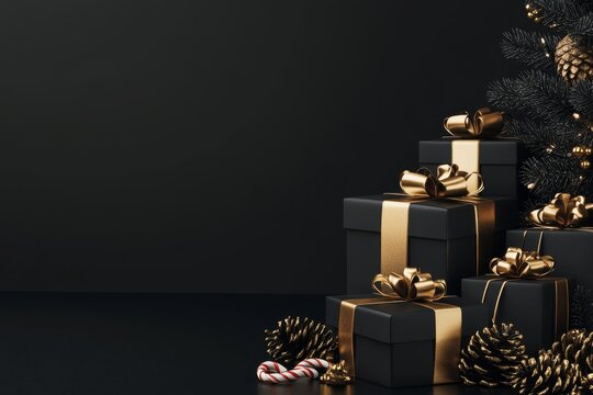 Elegant black and gold gift boxes with bows on dark background for holiday celebration promotions - Powered by Adobe
