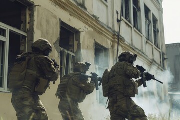 Soldiers in tactical gear advance cautiously near a dilapidated building, surrounded by smoke during a military operation.