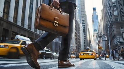 A Businessman Walking in the City with a Leather Briefcase