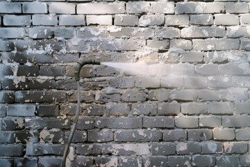 A high-pressure water stream cleans a weathered grey brick wall, stripping away layers of dirt and grime, revealing a restored and refreshed surface beneath.