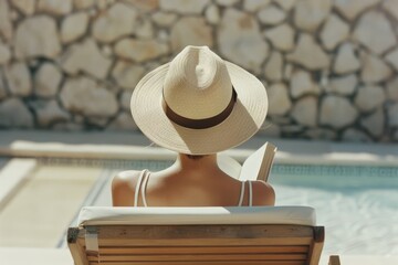 A woman reading by the poolside, wearing a wide-brimmed hat, soaking in the sunlight.