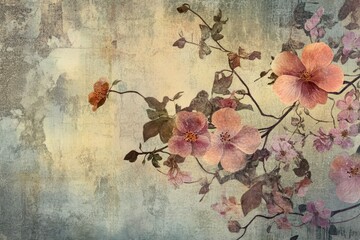 Vintage Floral Design with Pink and Peach Blossoms on a Textured Background