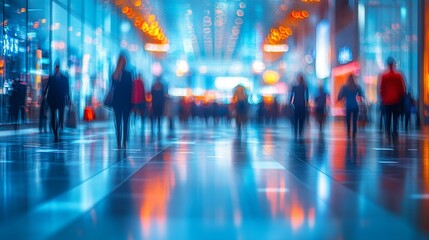 a Blurred background of a public exhibition hall, capturing the essence of a business tradeshow or job fair.