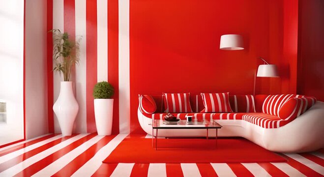 Modern Red and White Living Room with Striped Couch and Floor