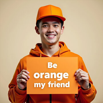 Retrato chico sonriendo con un cartel con el texto se naranja amigo mio y vestido con una sudadera con capucha y una gorra de ese color.