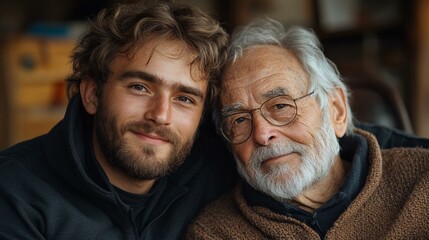 this Adult son with a beard and his elderly father, both smiling and enjoying time together at home.