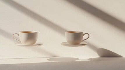 Obraz premium Two floating tea cups with shadows on beige background, minimalist art concept