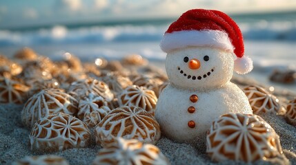 the Smiling sandy snowman wearing a red Santa hat on a beach.