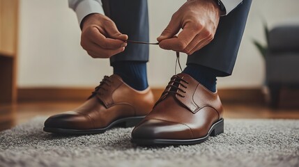 Fototapeta premium Man Tying Shoelace on Brown Leather Shoes